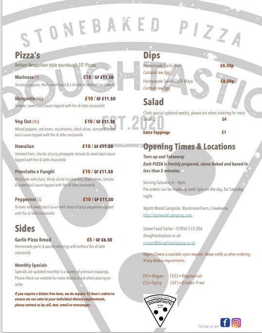 Doughtastic Pizza menu
